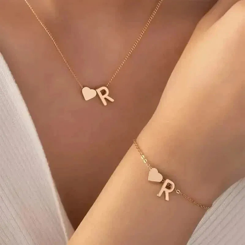 2-Piece Set: Metal Heart And English Letter Necklace And Bracelet - A-1 Thread Vault