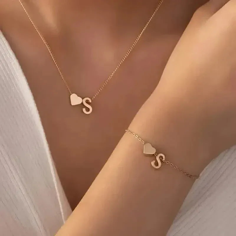 2-Piece Set: Metal Heart And English Letter Necklace And Bracelet - A-1 Thread Vault