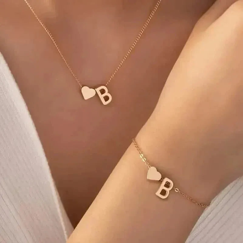 2-Piece Set: Metal Heart And English Letter Necklace And Bracelet - A-1 Thread Vault