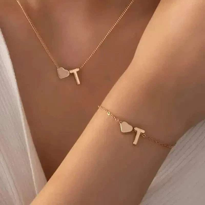 2-Piece Set: Metal Heart And English Letter Necklace And Bracelet - A-1 Thread Vault