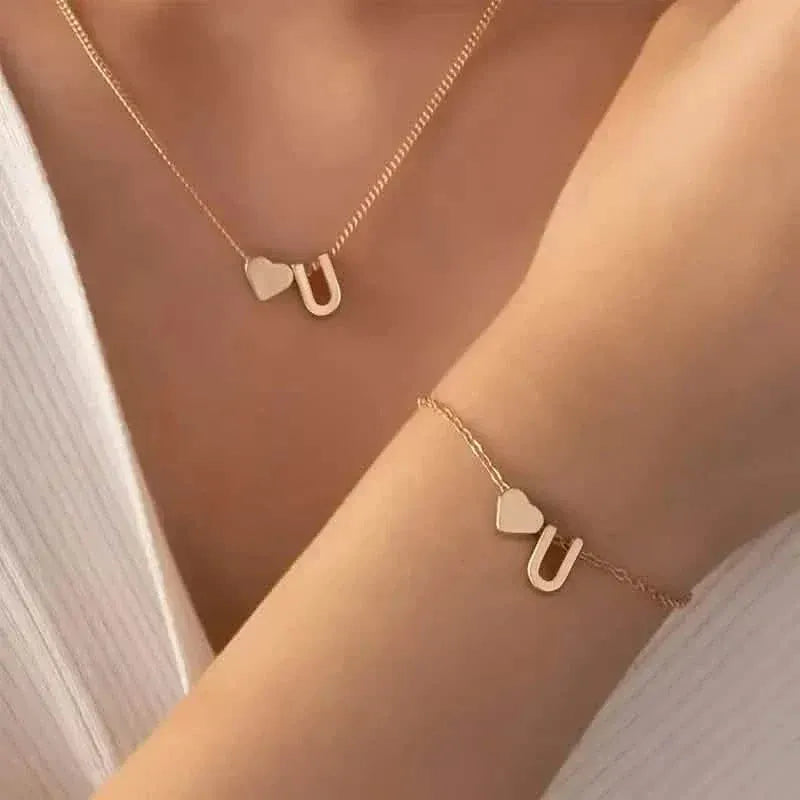 2-Piece Set: Metal Heart And English Letter Necklace And Bracelet - A-1 Thread Vault