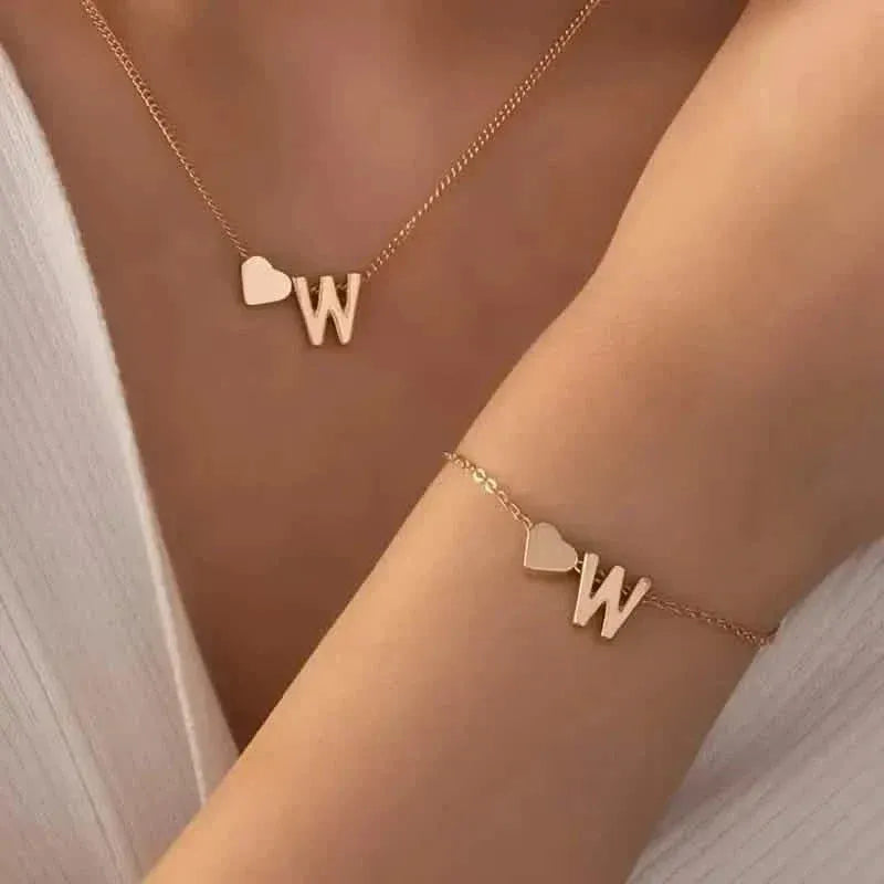 2-Piece Set: Metal Heart And English Letter Necklace And Bracelet - A-1 Thread Vault