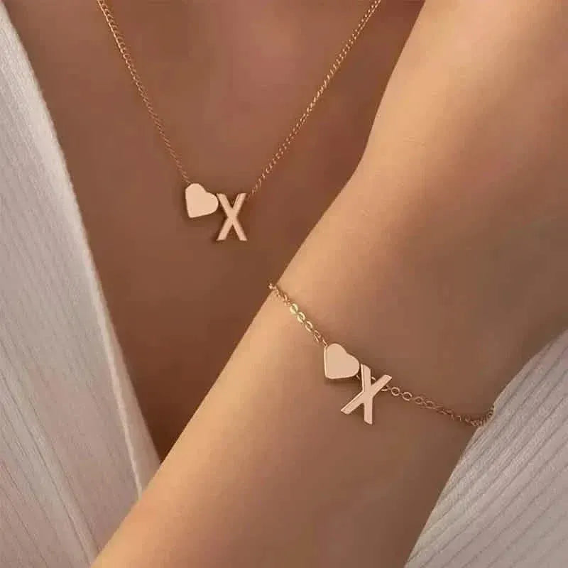 2-Piece Set: Metal Heart And English Letter Necklace And Bracelet - A-1 Thread Vault