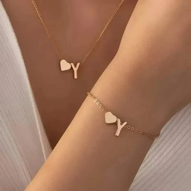 2-Piece Set: Metal Heart And English Letter Necklace And Bracelet - A-1 Thread Vault