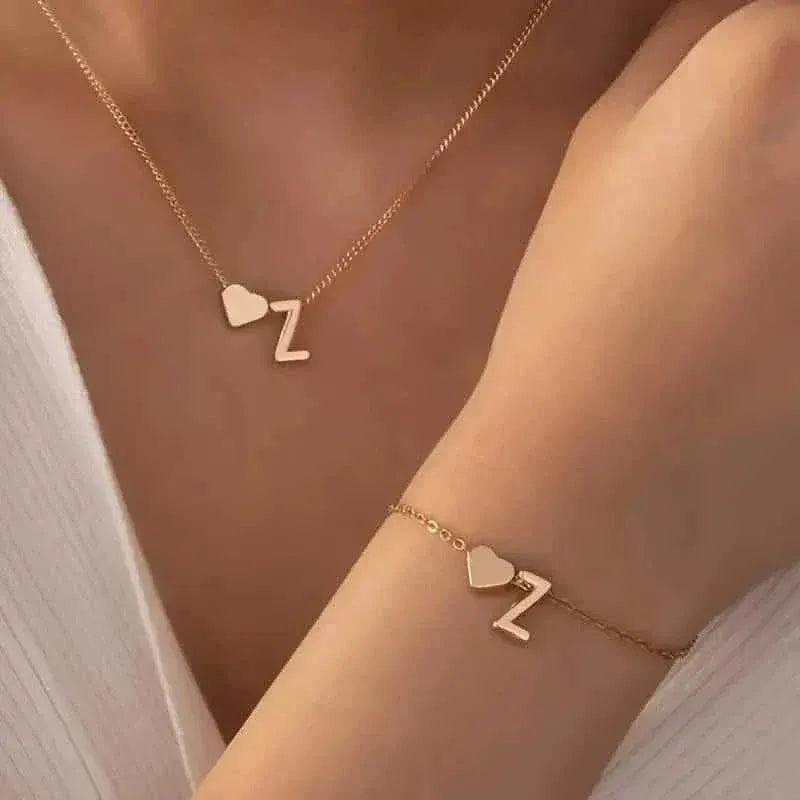 2-Piece Set: Metal Heart And English Letter Necklace And Bracelet - A-1 Thread Vault