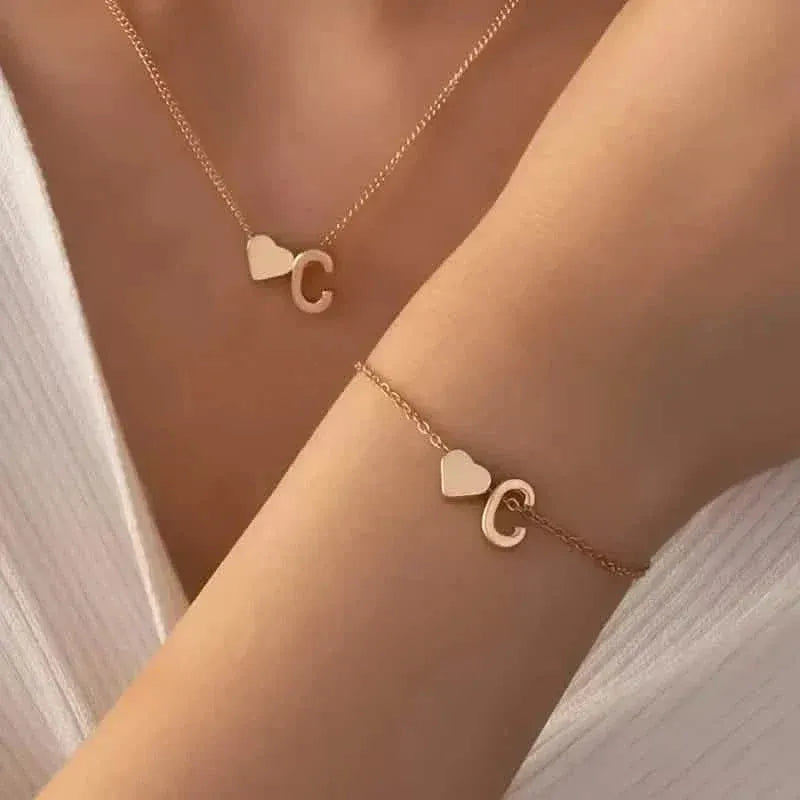 2-Piece Set: Metal Heart And English Letter Necklace And Bracelet - A-1 Thread Vault