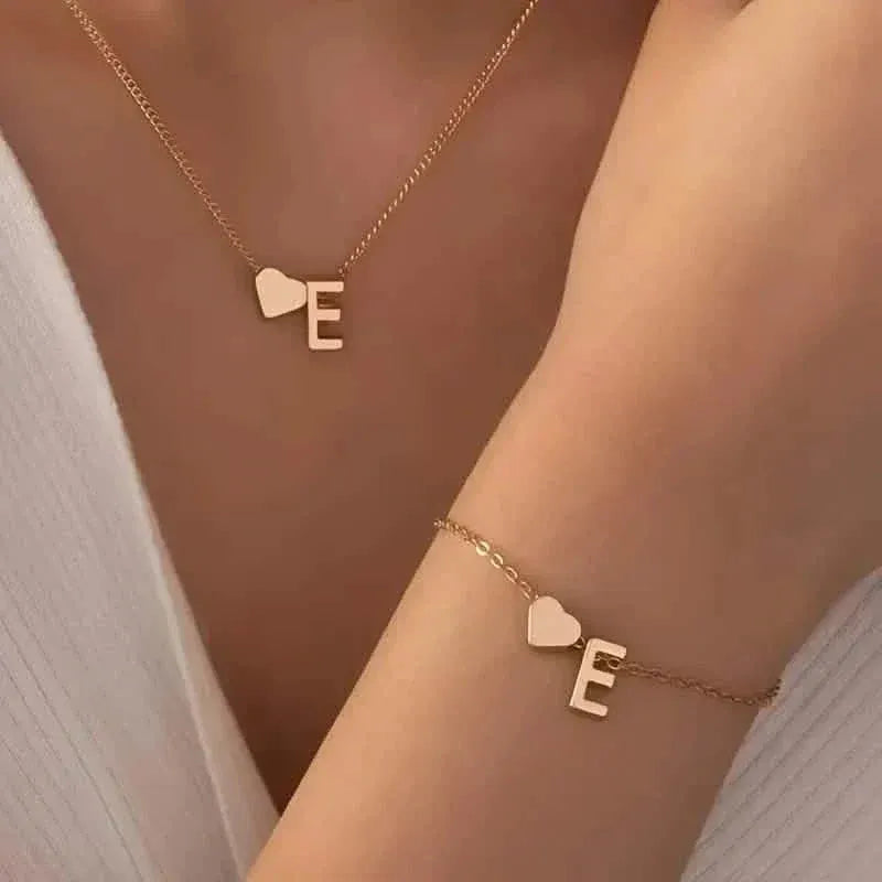 2-Piece Set: Metal Heart And English Letter Necklace And Bracelet - A-1 Thread Vault