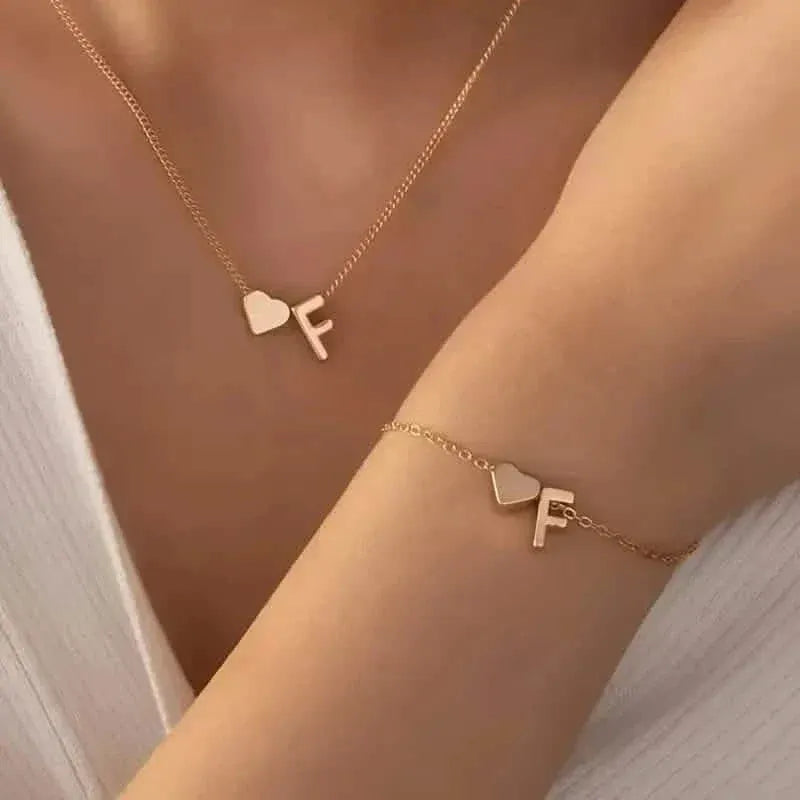 2-Piece Set: Metal Heart And English Letter Necklace And Bracelet - A-1 Thread Vault