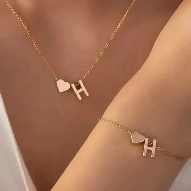 2-Piece Set: Metal Heart And English Letter Necklace And Bracelet - A-1 Thread Vault