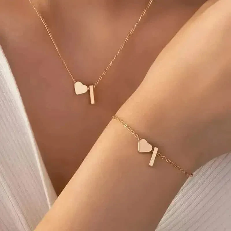 2-Piece Set: Metal Heart And English Letter Necklace And Bracelet - A-1 Thread Vault