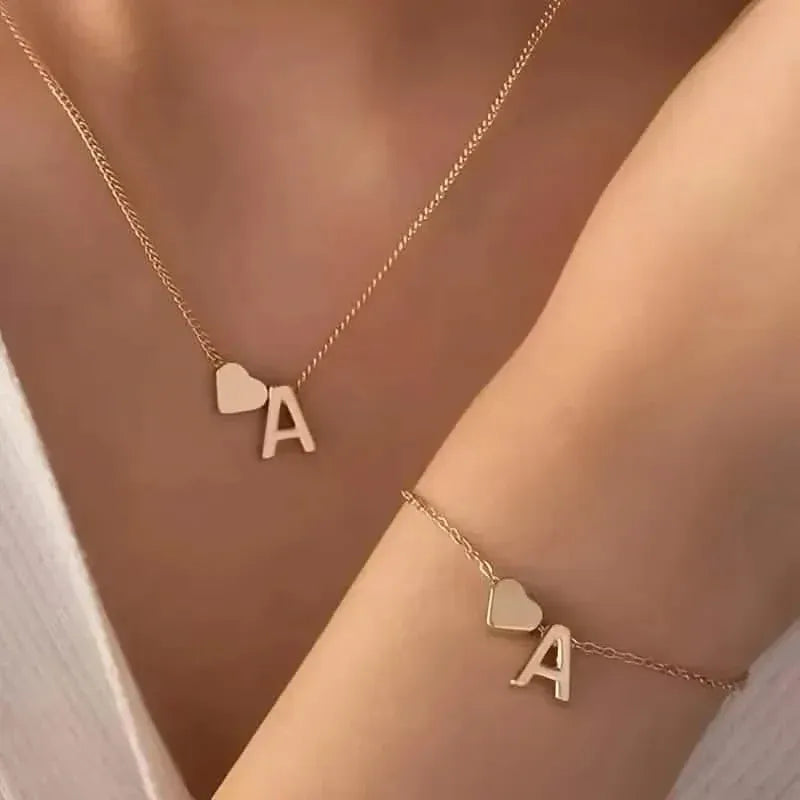 2-Piece Set: Metal Heart And English Letter Necklace And Bracelet - A-1 Thread Vault