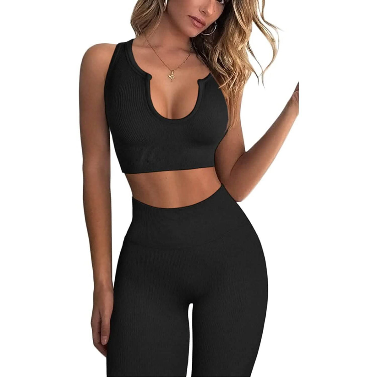 2-Piece Set: Ribbed Seamless Crop Tank High Waist Yoga Leggings - A-1 Thread Vault