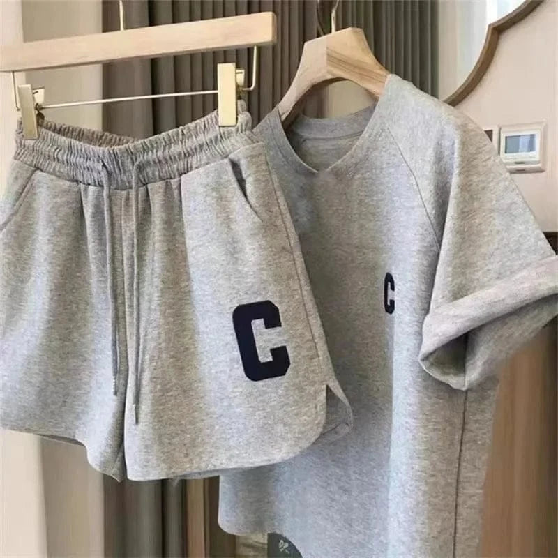 2 Piece Set Women Summer Sleepwear Loose Short Sleeve T-Shirt Casual Shorts Sports Print Letter Suit Large Size Short Pajamas - A-1 Thread Vault