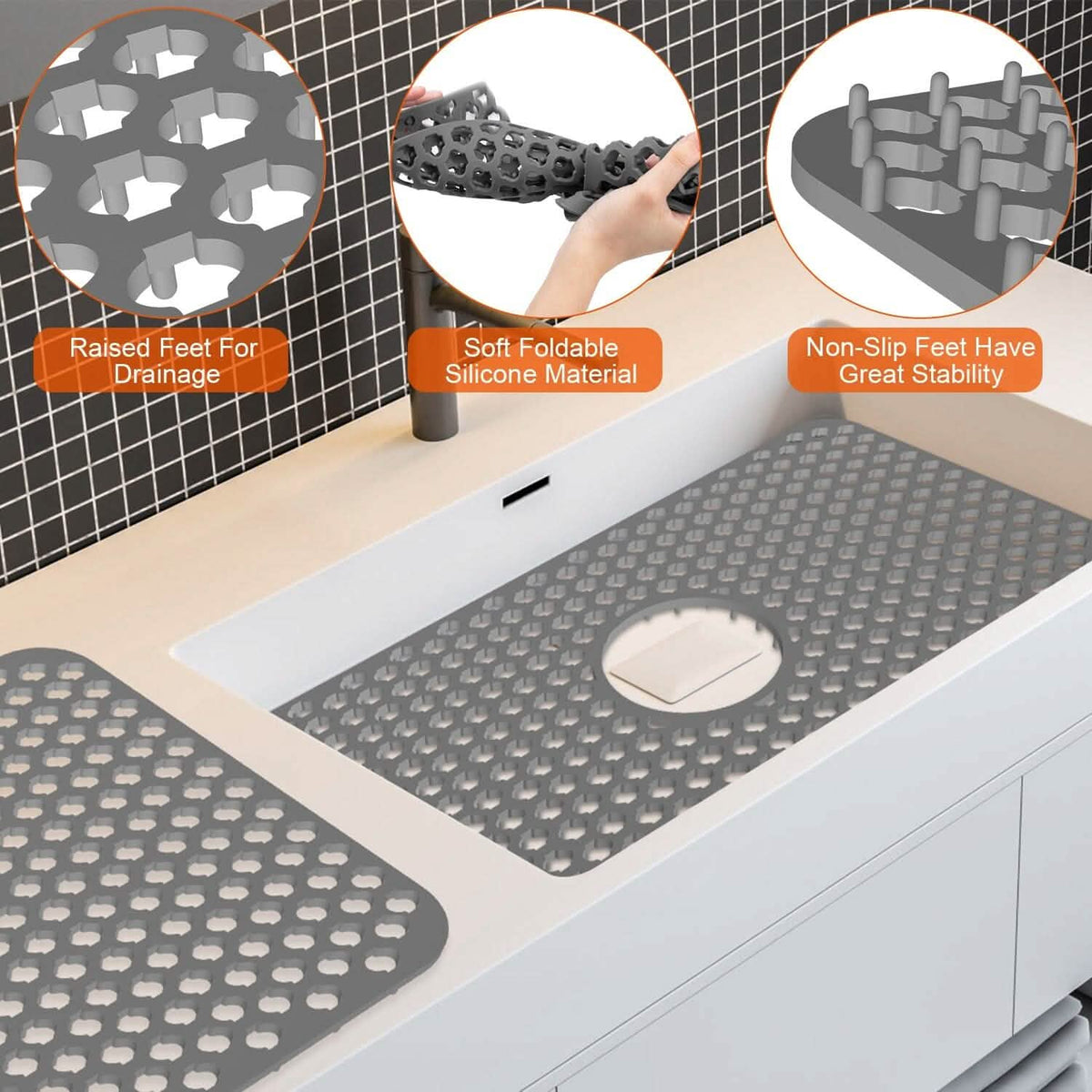 2-Piece: Silicon Grid Sink Mat with Central Drain Hole - A-1 Thread Vault