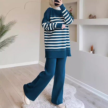 2-Piece Stripe Knit Sweater & Wide Leg Pants Set(MS426) - A-1 Thread Vault
