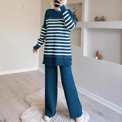 2-Piece Stripe Knit Sweater & Wide Leg Pants Set(MS426) - A-1 Thread Vault