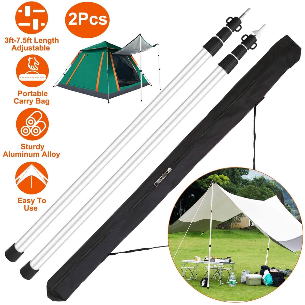 2-Piece: Telescoping Tarp Poles Portable Aluminum Awning Poles - A-1 Thread Vault