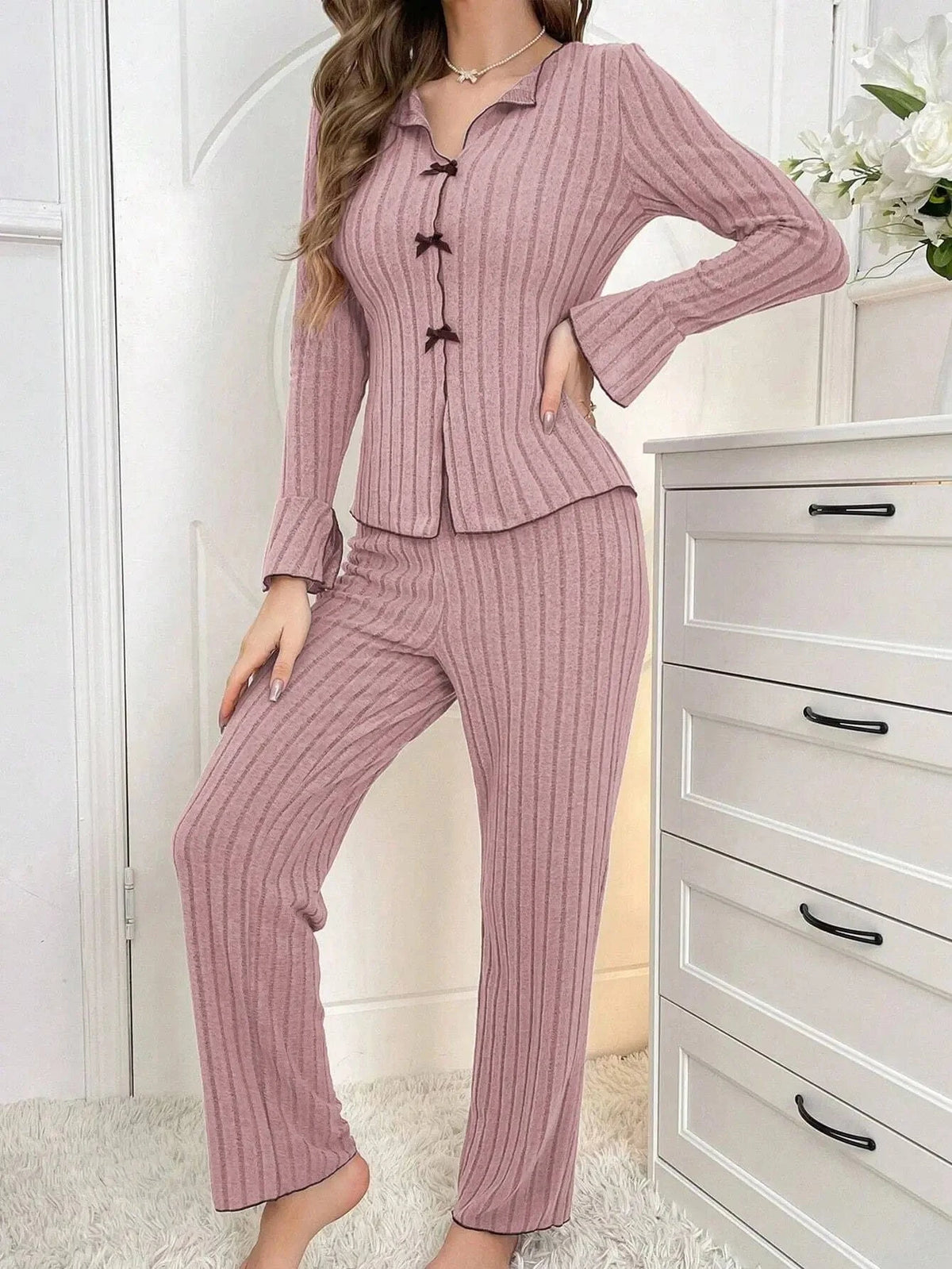 2-Piece Women's Autumn and Winter Pure Color Elegant Bow Women's Simple Long-Sleeved Pants Pajama Set Leisure home clothing - A-1 Thread Vault