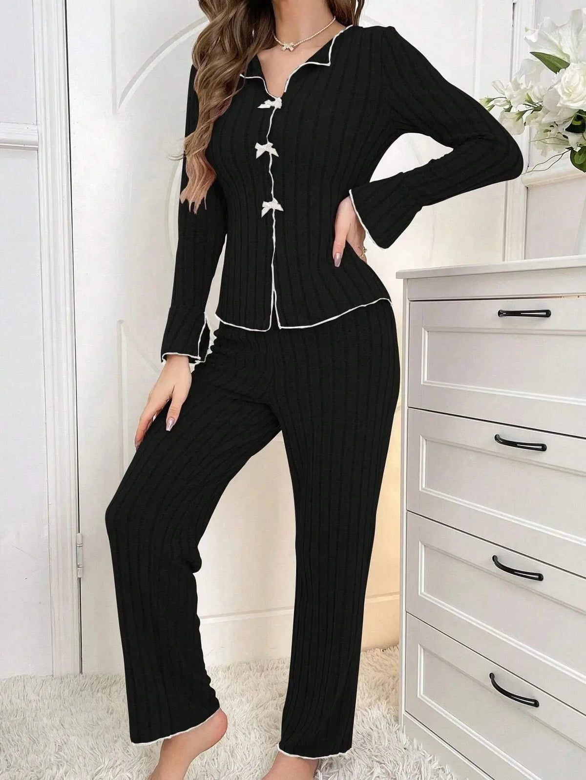 2-Piece Women's Autumn and Winter Pure Color Elegant Bow Women's Simple Long-Sleeved Pants Pajama Set Leisure home clothing - A-1 Thread Vault