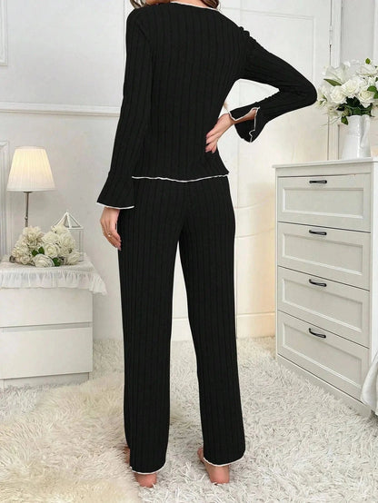 2-Piece Women's Autumn and Winter Pure Color Elegant Bow Women's Simple Long-Sleeved Pants Pajama Set Leisure home clothing - A-1 Thread Vault