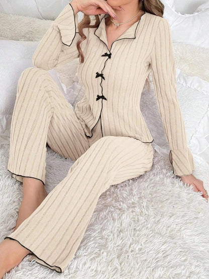 2-Piece Women's Autumn and Winter Pure Color Elegant Bow Women's Simple Long-Sleeved Pants Pajama Set Leisure home clothing - A-1 Thread Vault