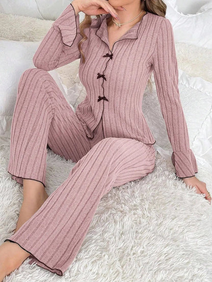 2-Piece Women's Autumn and Winter Pure Color Elegant Bow Women's Simple Long-Sleeved Pants Pajama Set Leisure home clothing - A-1 Thread Vault