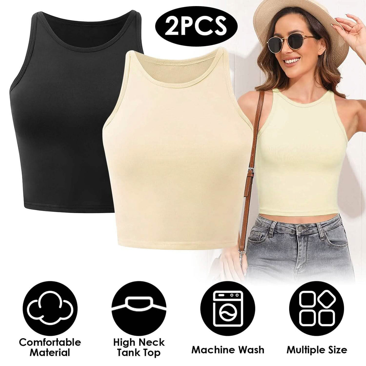 2-Piece: Women Sleeveless Cropped Tank top High Neck - A-1 Thread Vault