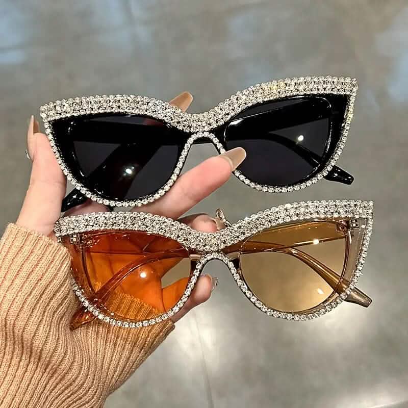 2-Pieces: Bling Rhinestone Cat Eye Sunglasses - A-1 Thread Vault