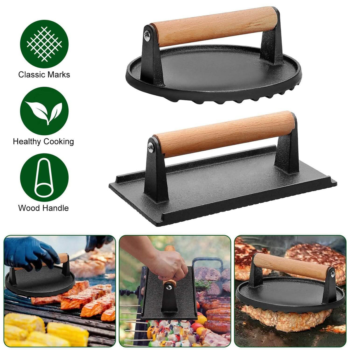 2-Pieces: Cast Iron Grill Press Pre-Seasoned Steak Weights Smash Burger Press - A-1 Thread Vault