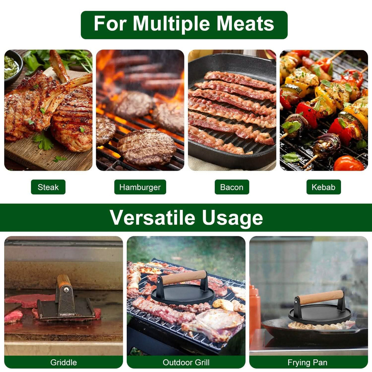 2-Pieces: Cast Iron Grill Press Pre-Seasoned Steak Weights Smash Burger Press - A-1 Thread Vault