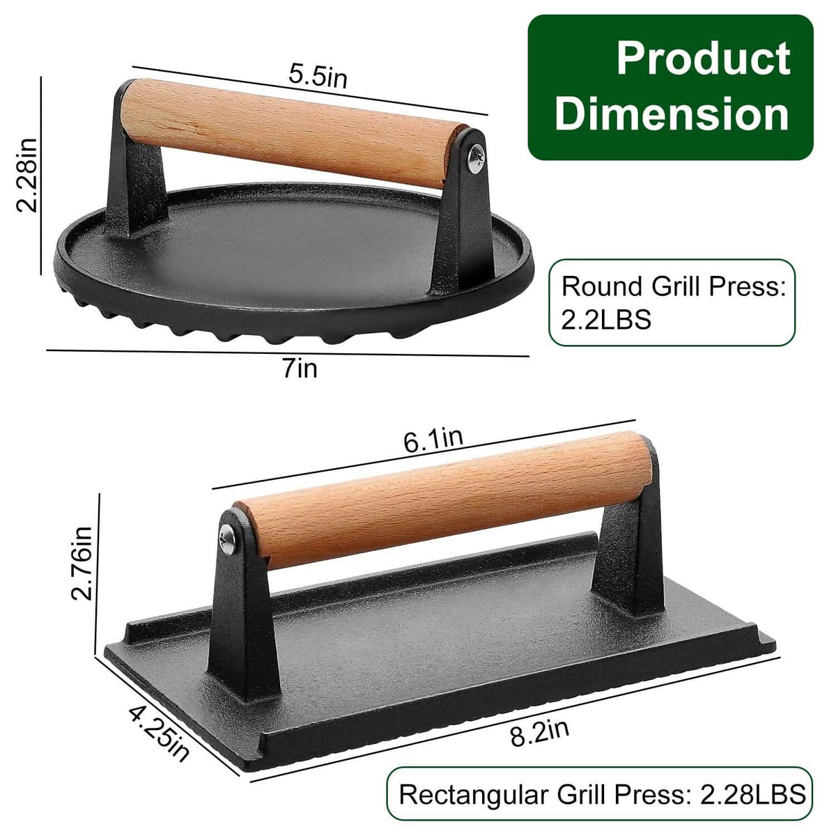 2-Pieces: Cast Iron Grill Press Pre-Seasoned Steak Weights Smash Burger Press - A-1 Thread Vault