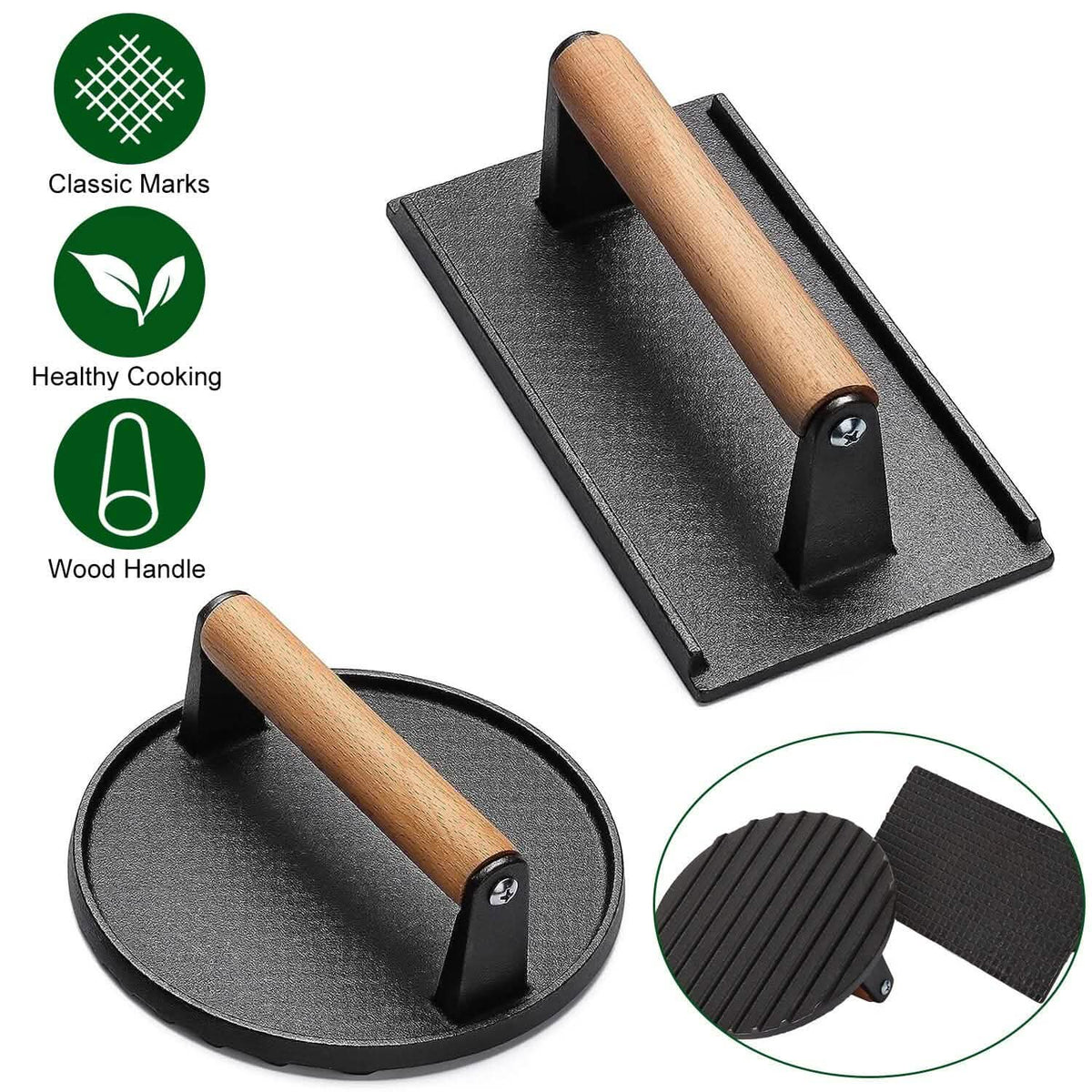 2-Pieces: Cast Iron Grill Press Pre-Seasoned Steak Weights Smash Burger Press - A-1 Thread Vault