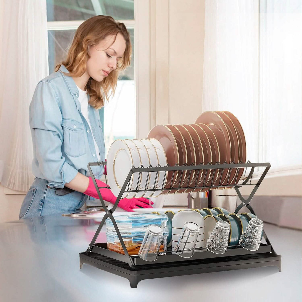 2-Tier Dish Drying Rack with Cup Holder and Drainboard - A-1 Thread Vault