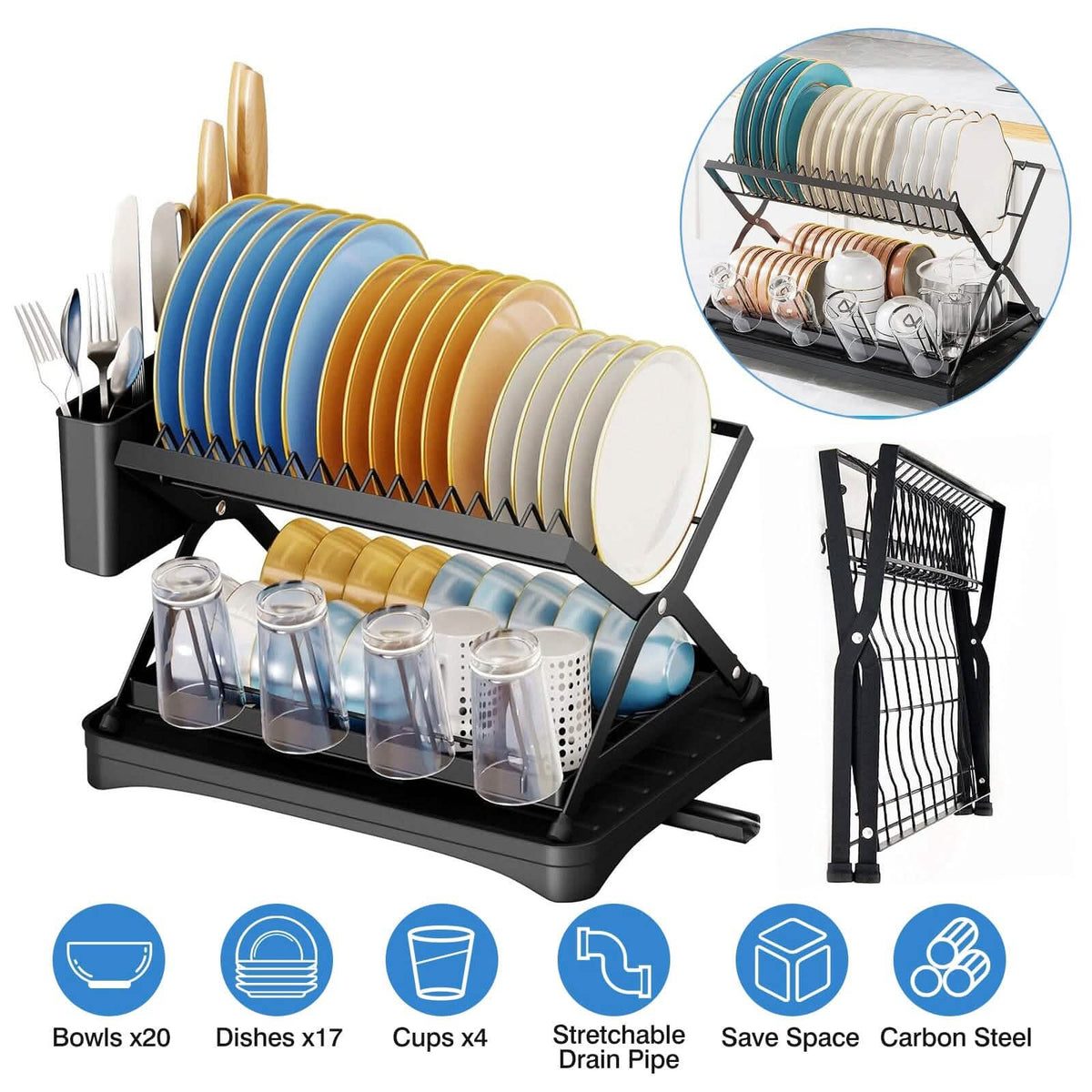2-Tier Dish Drying Rack with Cup Holder and Drainboard - A-1 Thread Vault