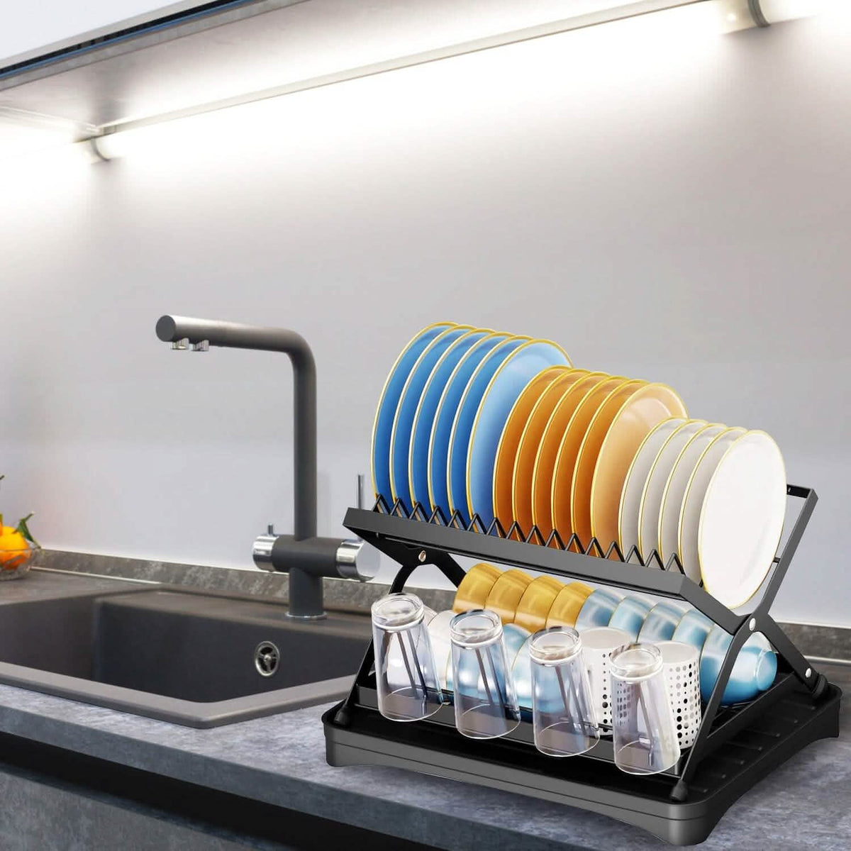 2-Tier Dish Drying Rack with Cup Holder and Drainboard - A-1 Thread Vault