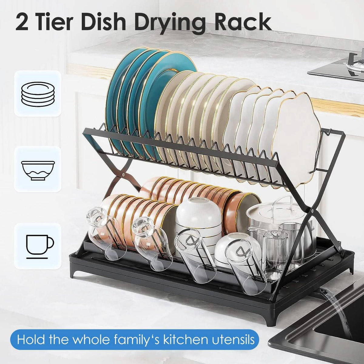 2-Tier Dish Drying Rack with Cup Holder and Drainboard - A-1 Thread Vault