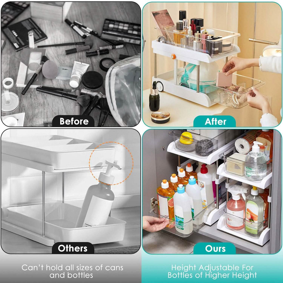2-Tier Height Adjustable Under Sink Organizer with Flexible Wheels 2 Clear Trays - A-1 Thread Vault