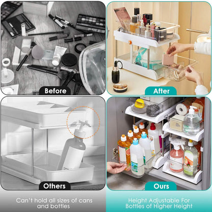 2-Tier Height Adjustable Under Sink Organizer with Flexible Wheels 2 Clear Trays - A-1 Thread Vault