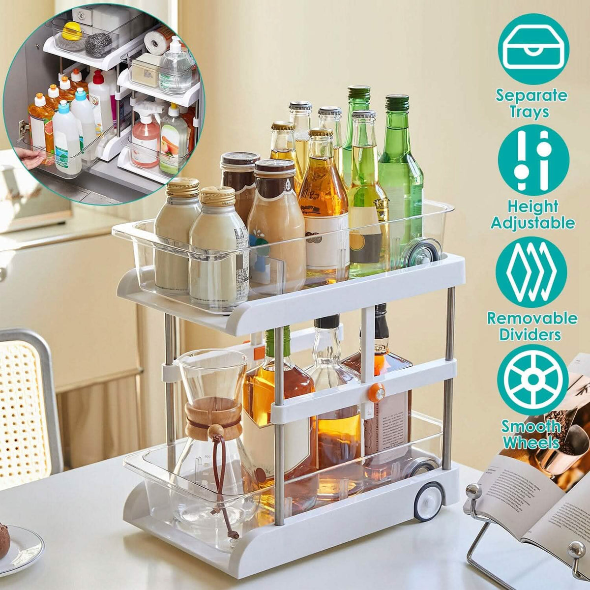 2-Tier Height Adjustable Under Sink Organizer with Flexible Wheels 2 Clear Trays - A-1 Thread Vault