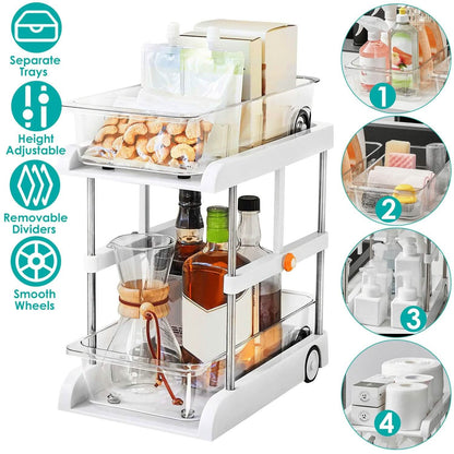2-Tier Height Adjustable Under Sink Organizer with Flexible Wheels 2 Clear Trays - A-1 Thread Vault