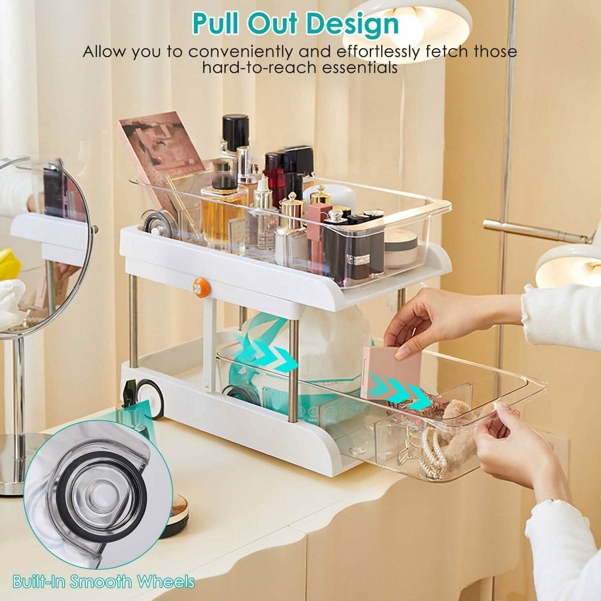 2-Tier Height Adjustable Under Sink Organizer with Flexible Wheels 2 Clear Trays - A-1 Thread Vault
