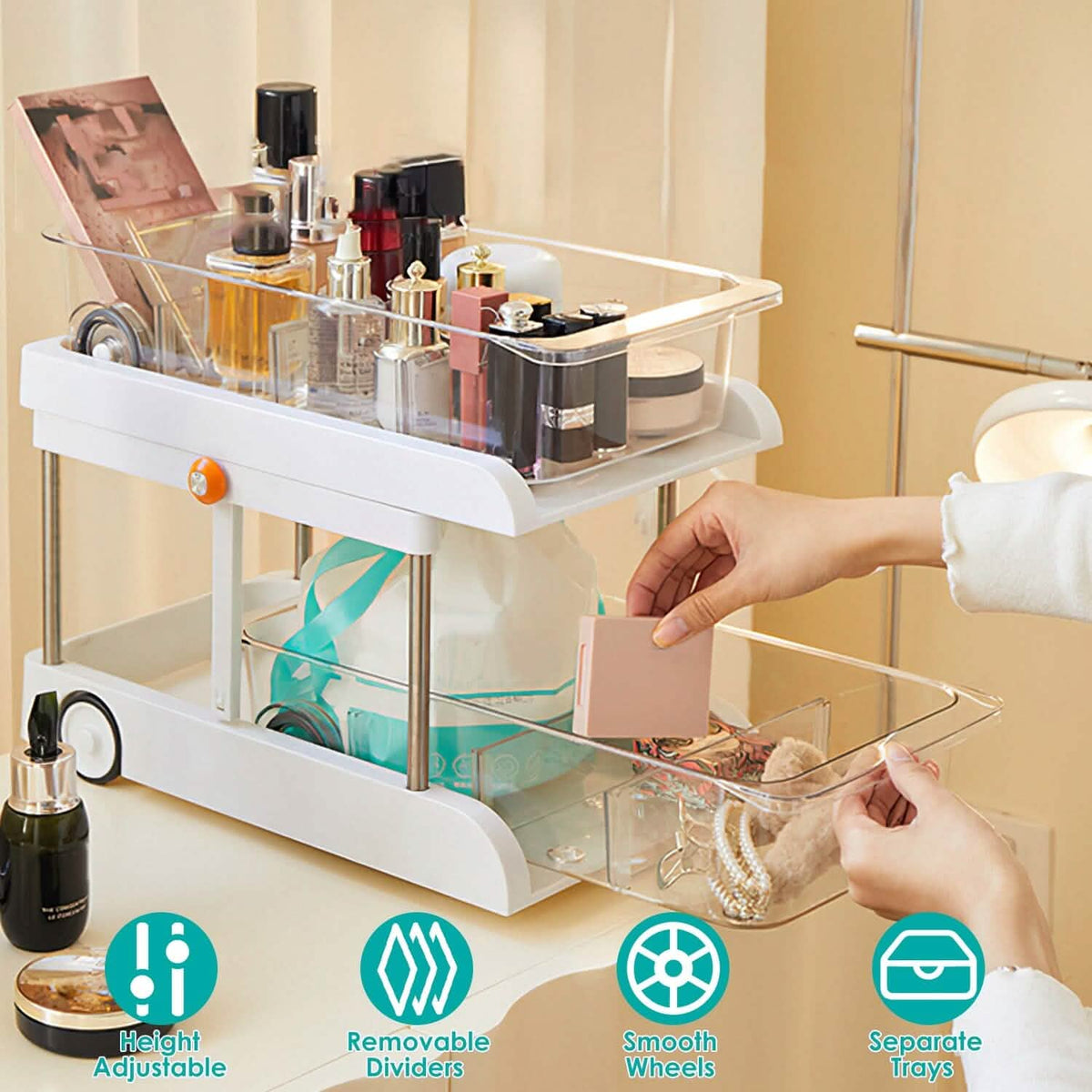 2-Tier Height Adjustable Under Sink Organizer with Flexible Wheels 2 Clear Trays - A-1 Thread Vault