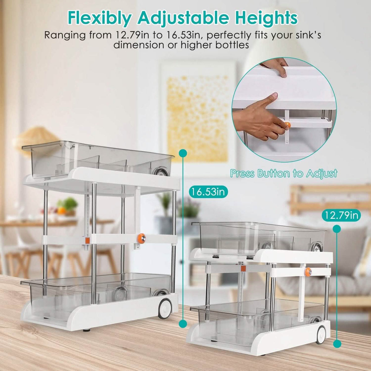 2-Tier Height Adjustable Under Sink Organizer with Flexible Wheels 2 Clear Trays - A-1 Thread Vault