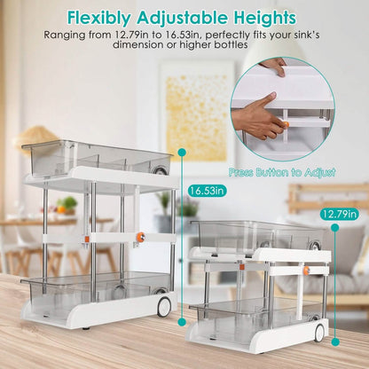 2-Tier Height Adjustable Under Sink Organizer with Flexible Wheels 2 Clear Trays - A-1 Thread Vault