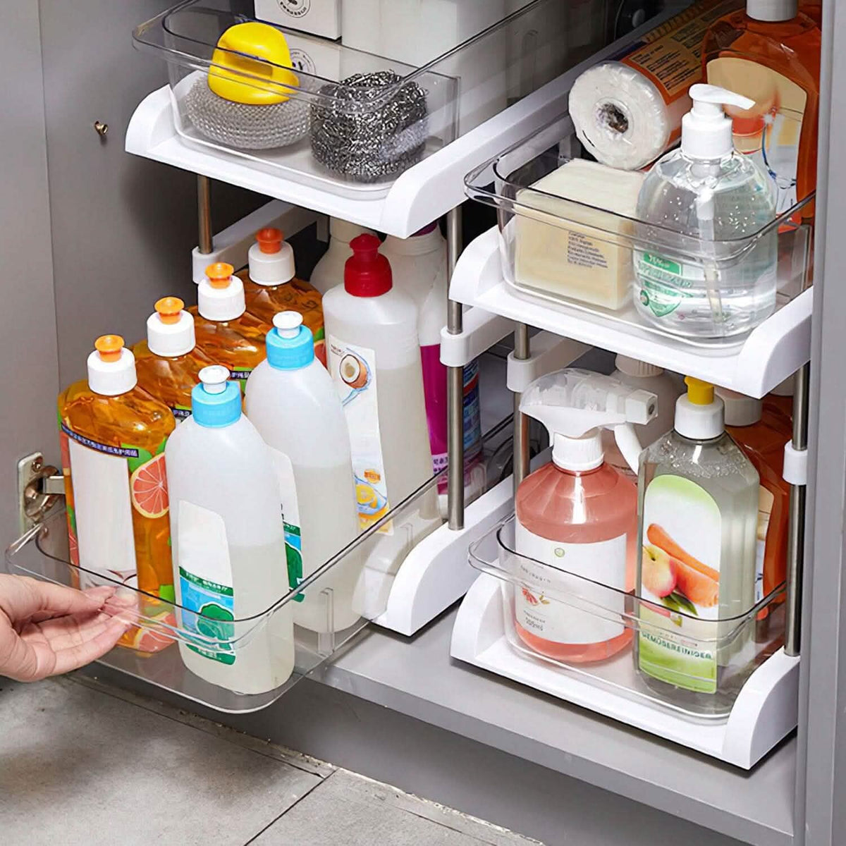 2-Tier Height Adjustable Under Sink Organizer with Flexible Wheels 2 Clear Trays - A-1 Thread Vault