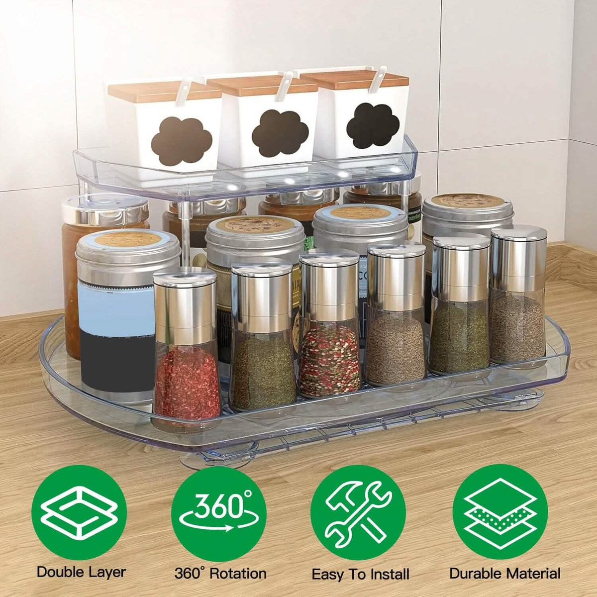 2-Tier Turntable Organizer Rectangular Refrigerator Spinner Storage Rack with 360° Rotatable Slide Rail - A-1 Thread Vault