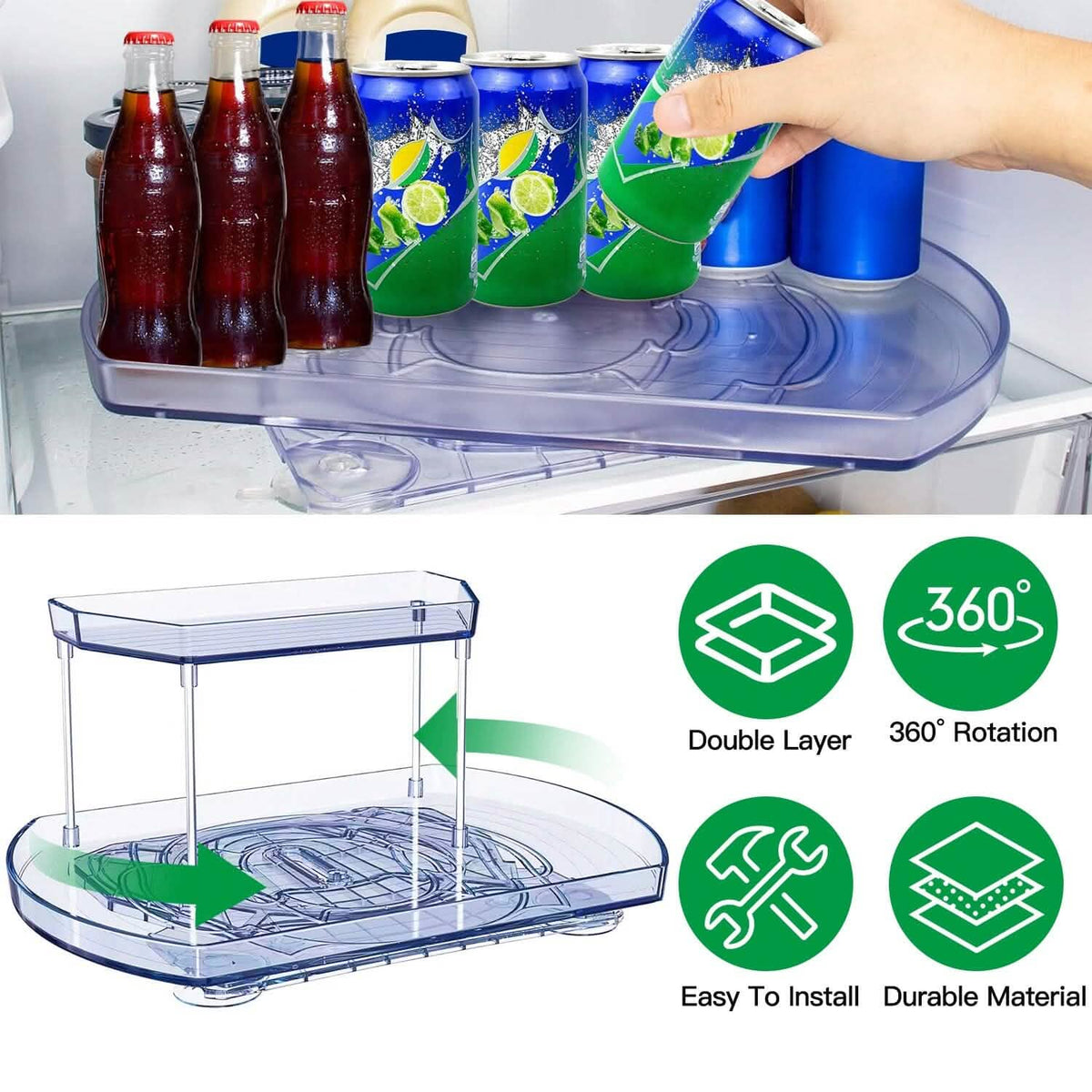 2-Tier Turntable Organizer Rectangular Refrigerator Spinner Storage Rack with 360° Rotatable Slide Rail - A-1 Thread Vault