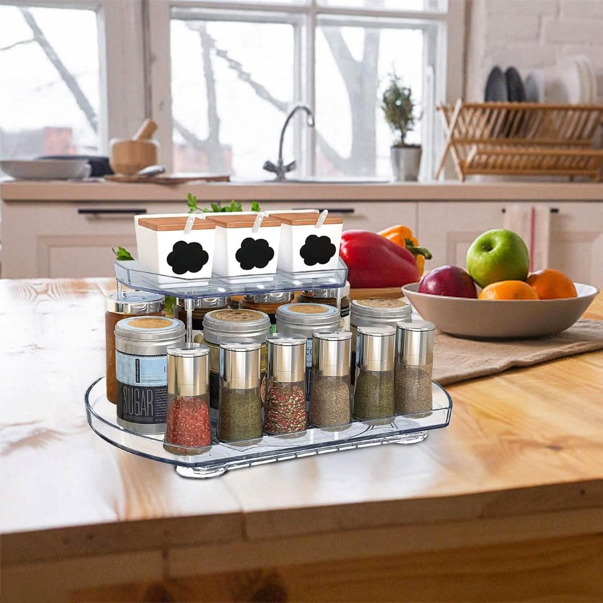 2-Tier Turntable Organizer Rectangular Refrigerator Spinner Storage Rack with 360° Rotatable Slide Rail - A-1 Thread Vault