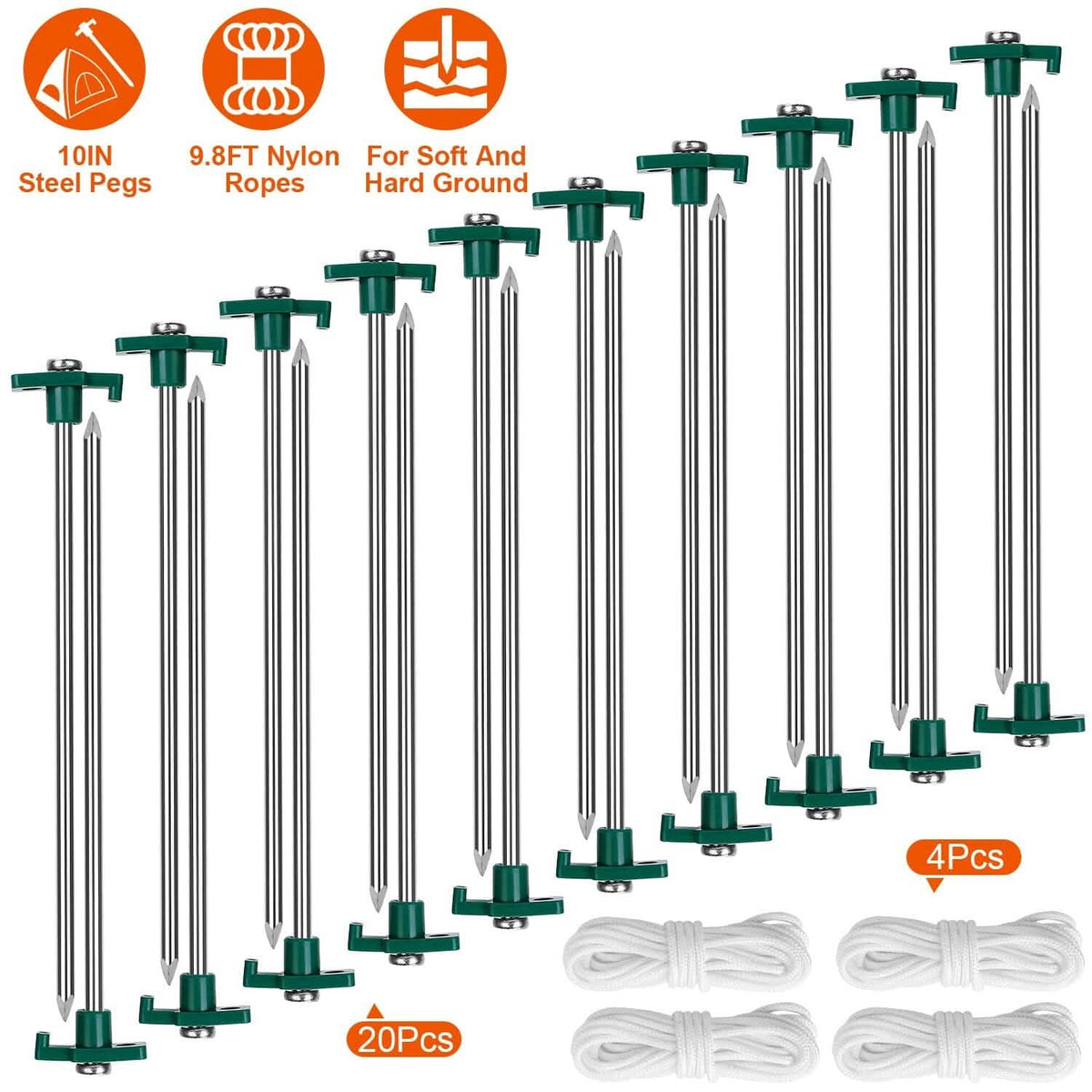 20-Piece: 9.8-Inch Tent Pegs Ropes Set - A-1 Thread Vault