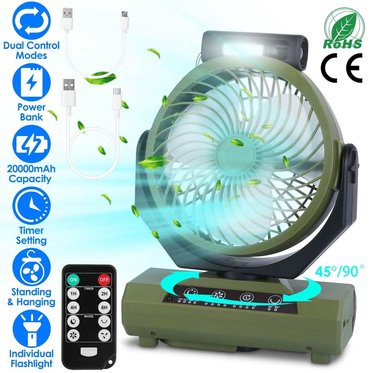 20000mAh Rechargeable Oscillating Camping Fan with Flashlight Hanging Hook Remote Control - A-1 Thread Vault